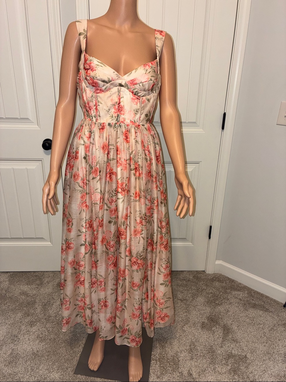 ANTONIO MELANI Cream Floral Bustier Maxi Dress with Pink Roses.